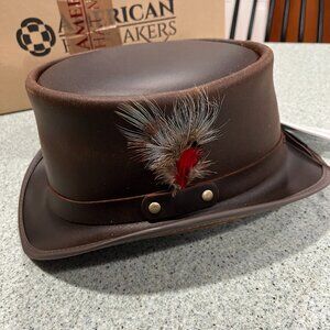 Mens XXL Brown Cowhide Leather Top Hat Marlow with LT Band Feather Deerskin Laci